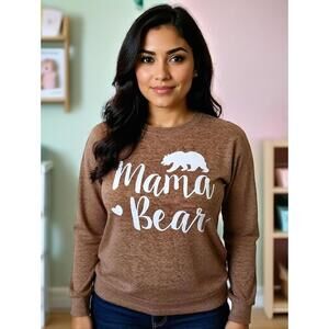 Tan Long sleeve Mama Bear Pockets Blouse Top Shirt Sz L Mom